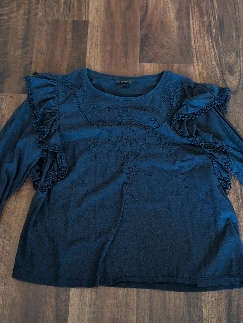J. Crew Navy Eyelet Ruffle Long Sleeve Top